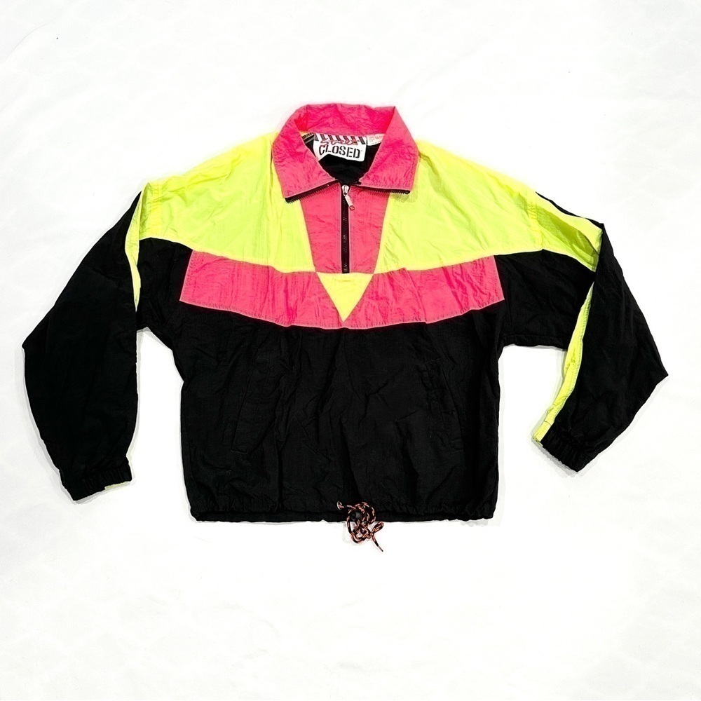 Vintage 90s Street Closed Neon Black Colorblock Half Zip Windbreaker